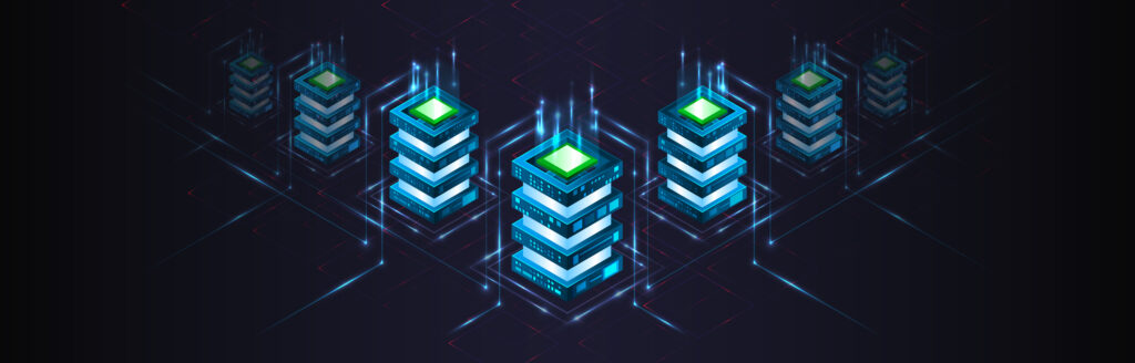 Technology concept for data center with server or hosting. Binary code structure. Big data stream. Abstract Isometric information warehouse. Creative Web hosting banner.